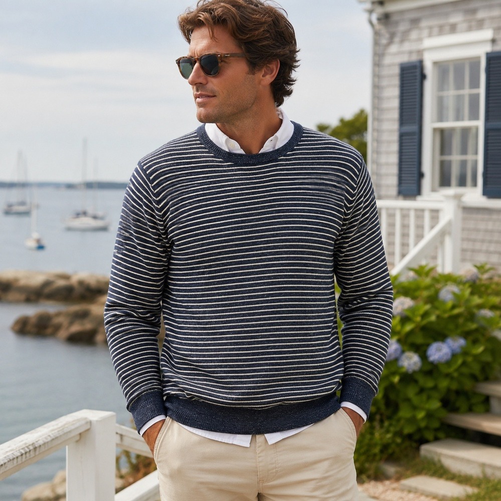 J Crew Mens Striped Cotton Lightweight Sweater Sz XL Navy Cream Crewneck Coastal